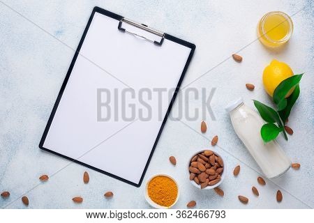 Fruits And Products For Immunity On A White Background. Background Food Menu.