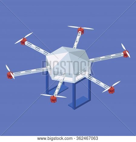 Isometric Quadrotor Helicopter Delivery Of Food, Equipment, Medicine. Isolated On Blue Background Wh