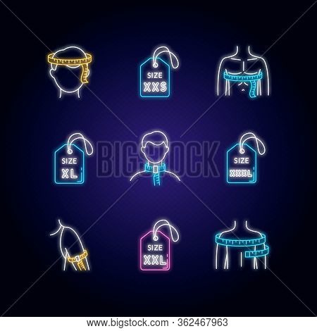 Male Clothing Sizes Neon Light Icons Set. Men Body Dimensions And Proportions Measurement For Appare