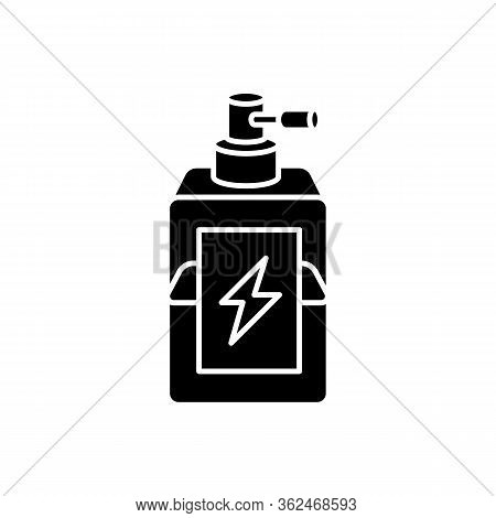 Antistatic Hair Sprayer Black Glyph Icon. Liquid Product In Container For Winter Haircare. Chemical 
