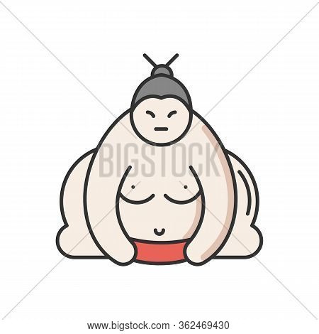 Sumo Rgb Color Icon. Traditional Asian Wrestler. Shirtless Large Athlete In Power Stance. National J