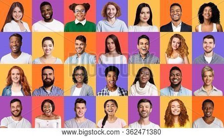 Collage Of Muticultural People Portraits With Female And Male Faces Smiling To Camera On Colorful Ba