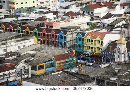 Aerial View Landscape And Cityscape With Traffic Road Of Betong Town In Southern Thai From Top Of Re