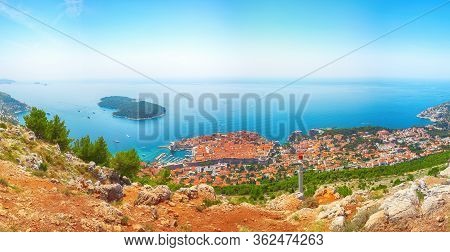 Aerial Panoramic View Of The Old Town Of Dubrovnik From Srd Mountain On A Sunny Day. Location:  Dubr
