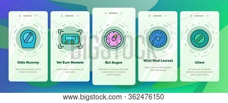 Kitchen Timer Tool Onboarding Icons Set Vector. Electronic And Mechanical Timer For Measurement And 