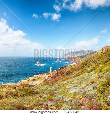 Splendid Spring View Of Ancient Ruins Of Laveria Lamarmora (miniera Di Nebida). Stunning Mediterrane