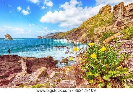 Fantastic Spring View Of Ancient Ruins Of Laveria Lamarmora (miniera Di Nebida) And Nebida Coast. St