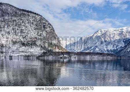 Snowy Mountains Around Austrian Schloss Grub In Obertraun By Lake Hallstatt In Winter