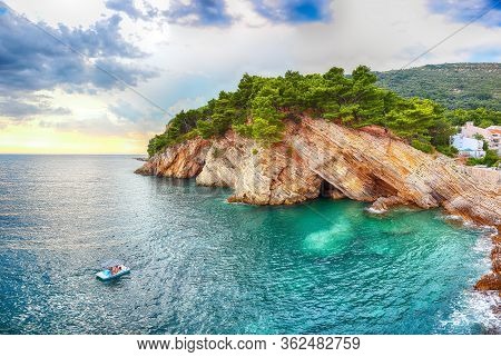 View Of The Cliffs From Castello Fortress In Petrovac. Location: Petrovac Town, Montenegro, Balkans,
