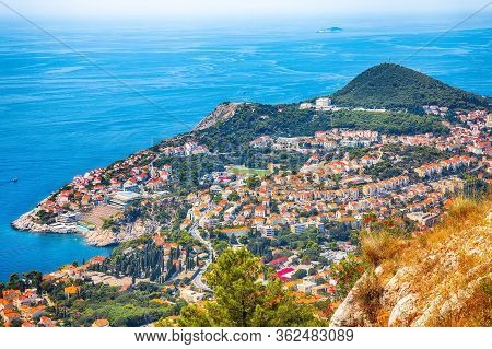 Aerial Panoramic View Of The Old Town Of Dubrovnik From Srd Mountain On A Sunny Day. Location:  Dubr