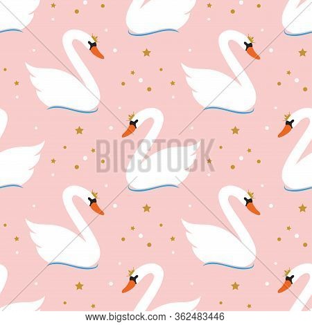 Vector Seamless Swan Pattern. White Swans On Pink Background