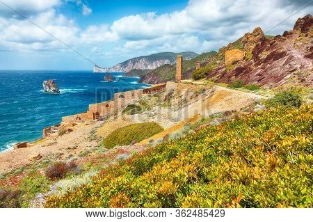 Splendid Spring View Of Ancient Ruins Of Laveria Lamarmora (miniera Di Nebida). Stunning Mediterrane