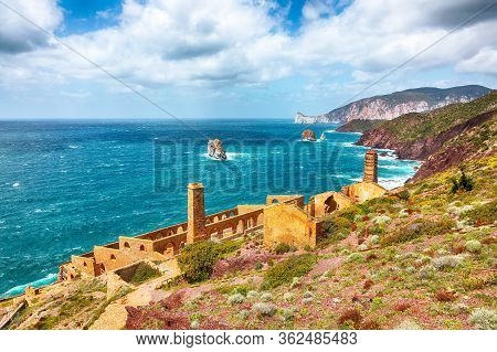 Splendid Spring View Of Ancient Ruins Of Laveria Lamarmora (miniera Di Nebida). Stunning Mediterrane