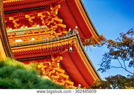 Japanese Religiuos Heritage. Closeup Of Wings Of Kiyomizu-dera Temple At Daytime. Red Maples In Fore