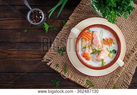 Kalakeitto. Creamy Soup With Salmon, Potatoes, Onions And Carrots And  In A Bowl. Finnish/ Karelian 