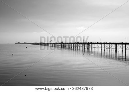 Black And White Image Of Southend Pier, Southend-on-sea, Essex, England, On A Still Day