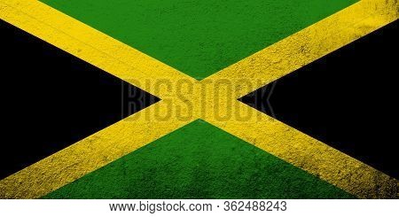 National Colour Flag Of Jamaica. Grunge Background
