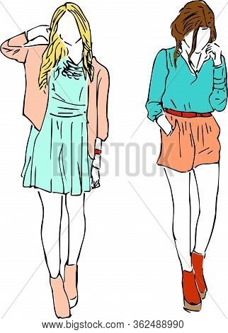 Sketch Of People. Two Fashion Girls In Doodle Style. Stylish Clothes. Pose For A Photo