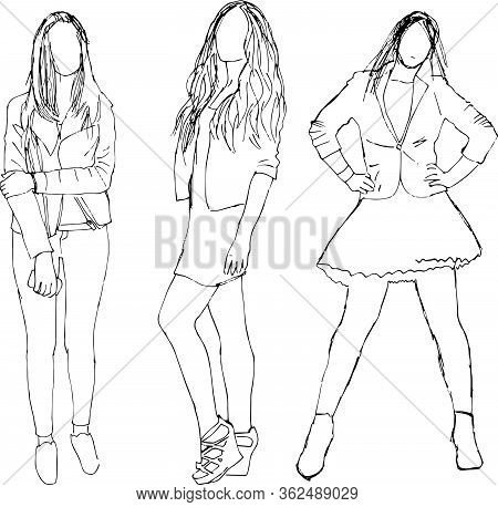 Sketch Of People. Vector Illustration, Hand Drawing. Three Girls In Different Photo Pose In Doodle S