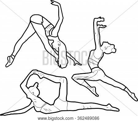 Set Of Isolated Outline Black And White Gymnasts Vector Silhouettes In Cartoon Style For Your Design