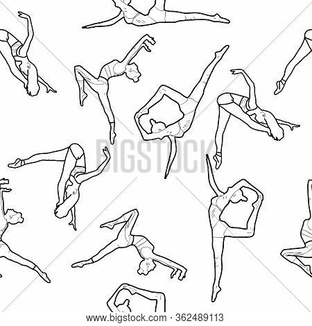 Seamless Pattern With Isolated Gymnasts Vector Outlines. Endless Texture Can Be Used For Wallpaper, 