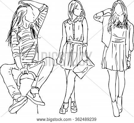 Sketch Of People. Outline Three Fashion Girls In Doodle Style. Hand Drawn Vector Illustration