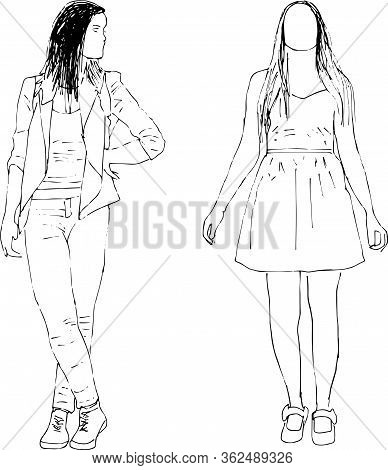 Realistic Vector Illustration Of People. Outline Two Fashionable Girls Isolated On White Background 