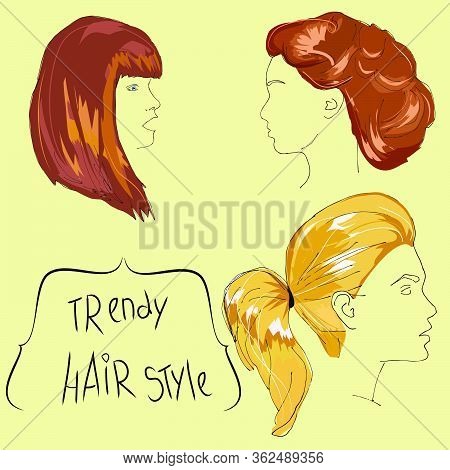 Sketch Set Of Woman Fashion Hairstyle In Doodle, Cartoon Style For Your Design. Outline Vector Illus