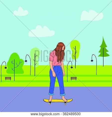 Girl Is Riding On A Skateboard Near Summer Park Vector Illustration In Cartoon Style