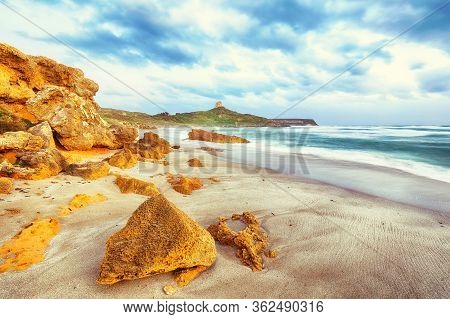 Stunning  View Of  Capo San Marco Lighthouse On Del Sinis Peninsula.  Long Exposure. Location:  Cabr