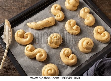 Raw Jidasky Or Jidase - Czech Easter Sweets On A Baking Sheet, With A Pastry Brush