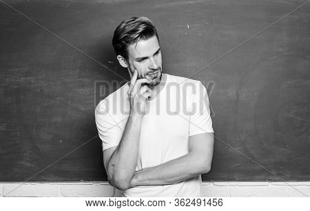 Happy Teachers Day. Master Of Simplification. Man Teacher In Front Of Chalkboard. Teaching Could Be 
