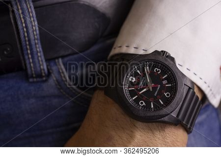 Ibach, Switzerland 31.03.2020 - Closeup Fashion Image Of Victorinox Watch On Wrist Of Man: Mans Hand