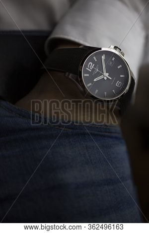Saint-imier, Switzerland 31.03.2020 - Closeup Fashion Image Of Longines Watch On Wrist Of Man: Mans 