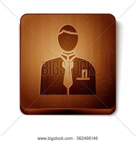 Brown Businessman Or Stock Market Trader Icon Isolated On White Background. Wooden Square Button. Ve