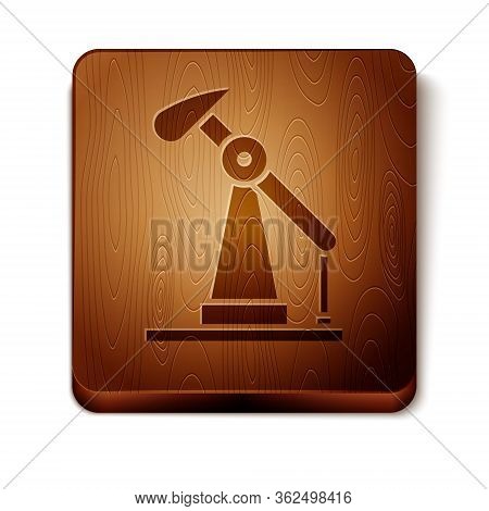 Brown Oil Pump Or Pump Jack Icon Isolated On White Background. Oil Rig. Wooden Square Button. Vector
