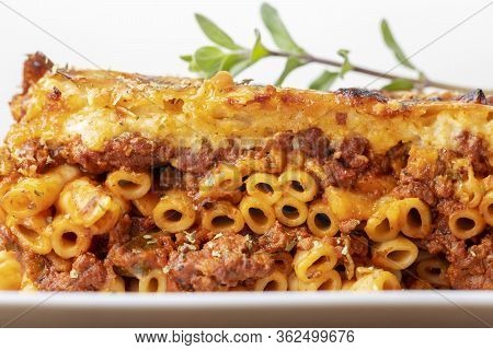 Closeup Of Greek Pastizio Noodle Dish With Cheese