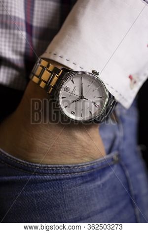 Ibach, Switzerland 31.03.2020 - Closeup Fashion Image Of Victorinox Watch On Wrist Of Man: Mans Hand