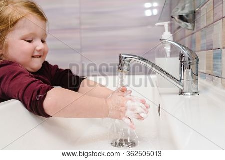 Washing Hands And Hygiene. Prevention Of Coronavirus, Flu Disease. Child, Kid Wash Hands With Antiba
