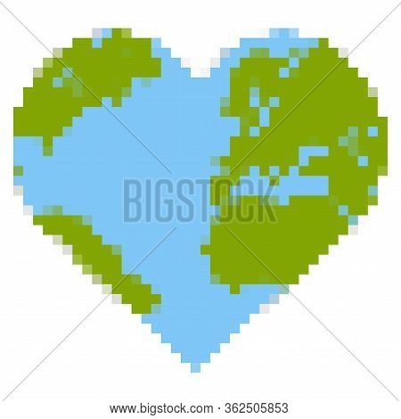 Pixelated Heart Shaped Earth Planet - Vector Illustration