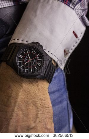 Ibach, Switzerland 31.03.2020 - Closeup Fashion Image Of Victorinox Watch On Wrist Of Man: Mans Hand