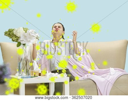 Caucasian Woman Sneezing, Illustration Of Virus Spreading, Stop Epidemic. Ill And Fever, Headache. H