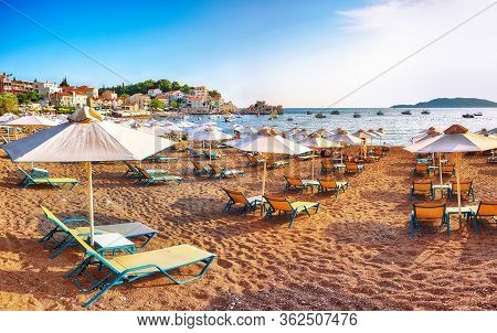 Picturesque Summer View Of Adriatic Sea Coast In Budva Riviera Near Przno Village. Cozy Beach And Bu