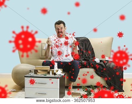 Caucasian Man Sneezing, Illustration Of Virus Spreading, Stop Epidemic. Ill And Fever, Headache. Hum