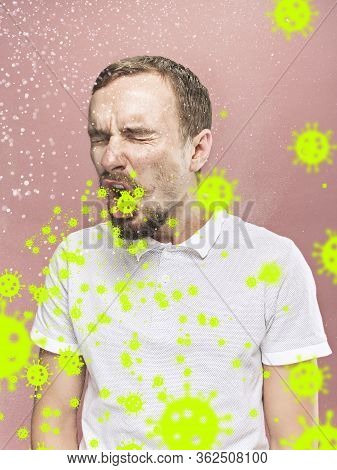 Caucasian Man Sneezing, Illustration Of Virus Spreading, Stop Epidemic. Ill And Fever, Headache. Hum