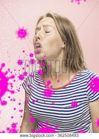 Caucasian Woman Sneezing, Illustration Of Virus Spreading, Stop Epidemic. Ill And Fever, Headache. H