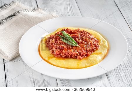 Italian Cornmeal Polenta With Bolognese Sauce Close Up