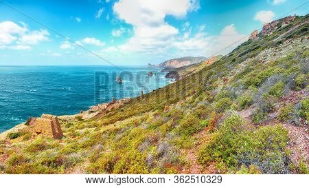 Splendid Spring View Of Ancient Ruins Of Laveria Lamarmora (miniera Di Nebida). Stunning Mediterrane
