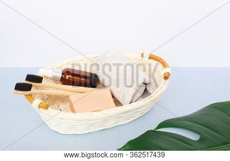The Concept Of Zero Waste. Bamboo Toothbrush, Solid Shampoo