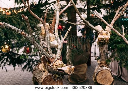 Abstract Deer Made Of Wood. The Statues Are Handmade From Wood. Crafts From Wood